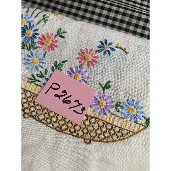 Vintage Hand-Embroidered Linen Table Runner with Floral Basket Design - Picture 6 of 6
